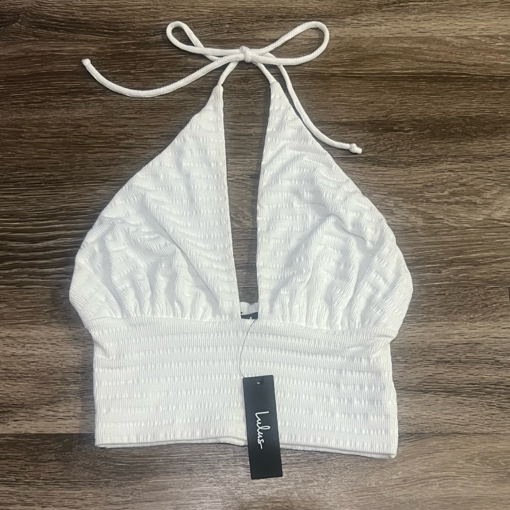 White smocked cropped halter top Size Small